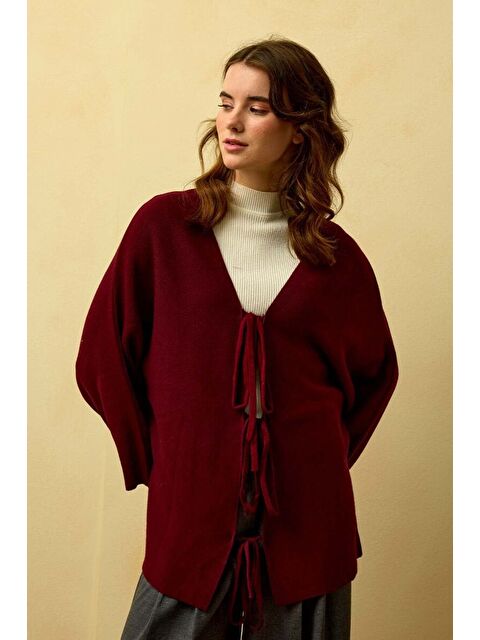 Ceylan Otantik Bordo 3 Fiyonklu Triko Ceket - S000486295-19951