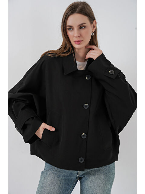 Bigdart Kadın Oversize Kısa Trençkot 5977 - Siyah - S000465940-19351