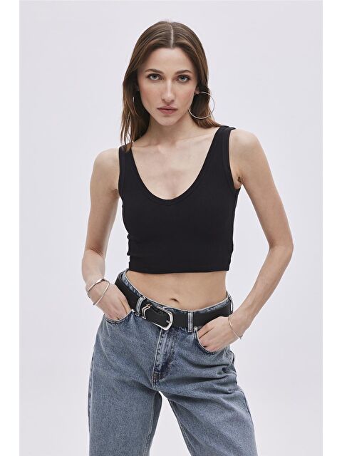 Sherin Siyah V Yaka Crop Atlet - S000435646-19351