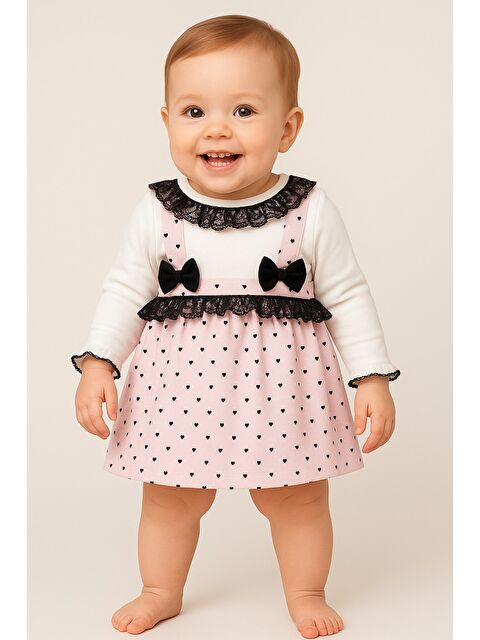 Chicsy Baby Kız Bebek Puantiyeli Desenli Dantelli Fiyonklu Askılı Elbise Takım