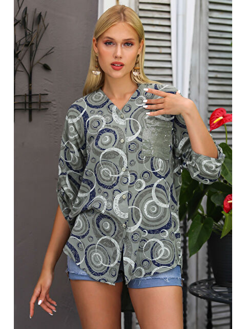 Chiccy İtalyan Haki 3/4 Kol Geometrik Desenli Tek Cepli Allover Baskılı Örme Gömlek - S000468727-18547