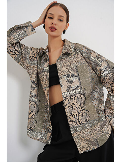 Bigdart Kadın Oversize Desenli Saten Gömlek 20365 - Çağla - S000481335-5236