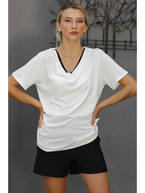 Chiccy Beyaz V Yaka Kısa Kol Düz Renk Örme Bluz - S000468706-20063