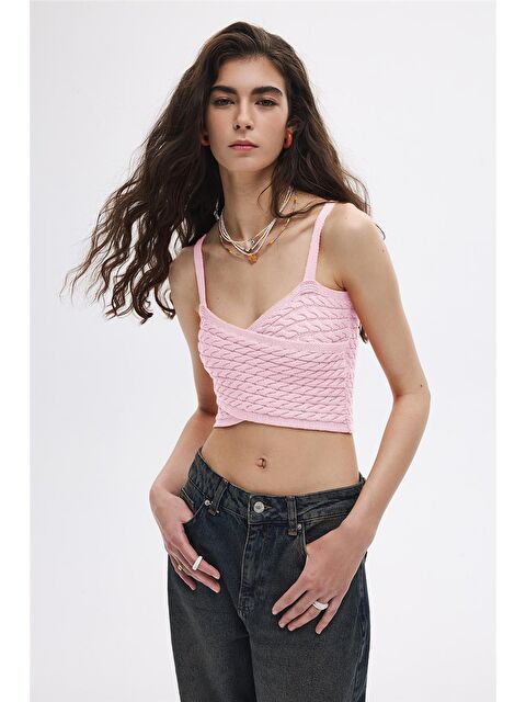 Sherin Pudra Saç Örgülü Triko Crop Top - S000435628-7152