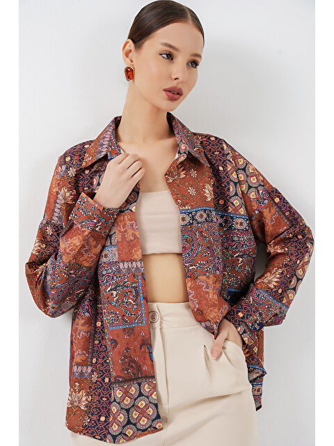 Bigdart Kadın Oversize Desenli Saten Gömlek 20365 - Kiremit - S000481335-18657
