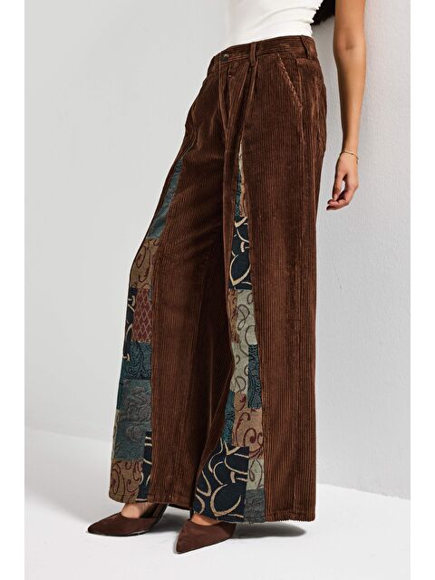 It's Basic Kadın Kahve Etnik Desen 26w5-42 Palazzo Fit Özel Tasarım Velvet Kadife Kumaş Pantolon - S000492686-19413