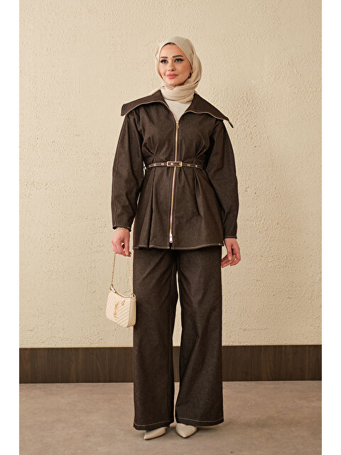 Locco Moda Kadın Bebe Yaka Kemer Bağlamalı Fermuarlı Pantolonlu Takım Kahverengi