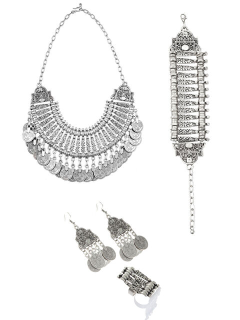 Labalaba Kadın Antik Gümüş Kaplama Bohem Tarz Kolye & Bileklik & Yüzük & Küpe Seti