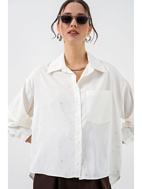 Bigdart Kadın Desenli Oversize Gömlek 20361 - Gümüş