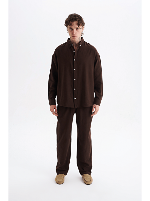 Danger Erkek %100 Pamuklu Keten Görünümlü Pantolon Gömlek Takım Kahverengi