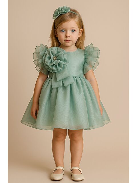 Mialora Özel Tasarım Kız Çocuk Elbise, Çiçek ve İnci Detaylı, Kolu Fırfırlı, Taç Aksesuarlı_1025 - S000427107-1180