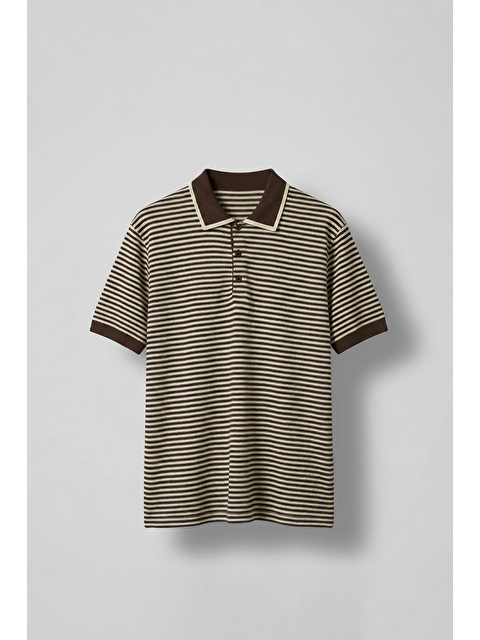 Abluka Online Erkek Regular Fit Çizgili Polo Yaka Örme T-Shirt Kahverengi - S000514056-19413