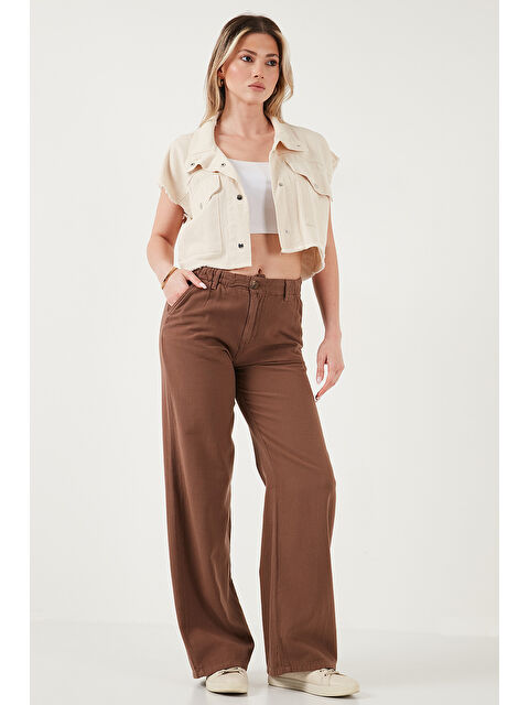 Lela Pamuklu Standart Fit Yüksek Bel Geniş Paça Kadın Pantolon 668YP5193 - S000346526-19413
