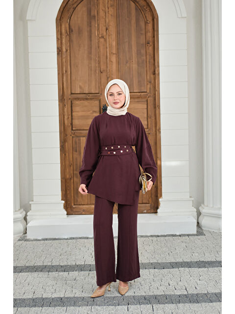 Locco Moda Kadın Gold Çıtçıt Kemerli Pantolonlu Takım Mürdüm