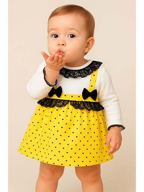Chicsy Baby Kız Bebek Puantiyeli Desenli Dantelli Fiyonklu Askılı Elbise Takım