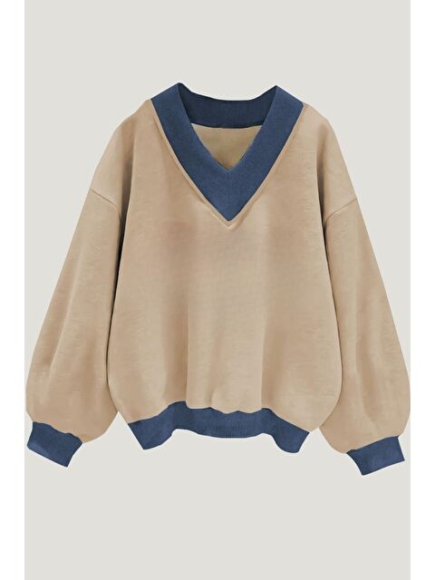 Trendseninle Kadın Vizon Düz V Yaka Oversize Sweatshirt - S000272888-26429