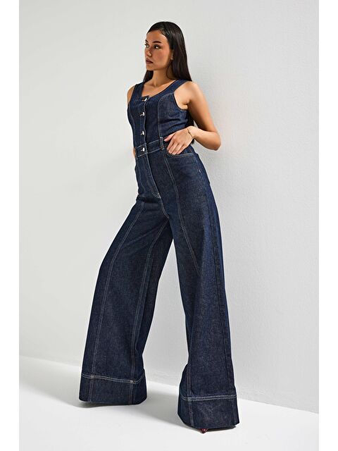 It's Basic Kadın İndigo Renk 7S6-50 Palazzo Fit %100 Pamuk Denim Slopet Tulum - S000492688-23093