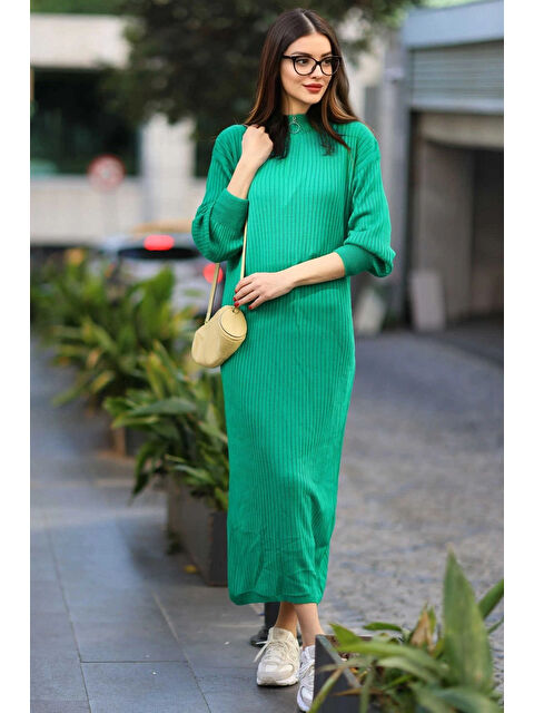 Hazelin Kadın Yeşil Fermuarlı Yaka Fitilli Triko Boydan Elbise HZL24W-BD1102271 - S000127931-18194