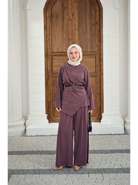 Locco Moda Kadın Yandan Dikişli Parça Detay Pantolonlu Takım Mürdüm