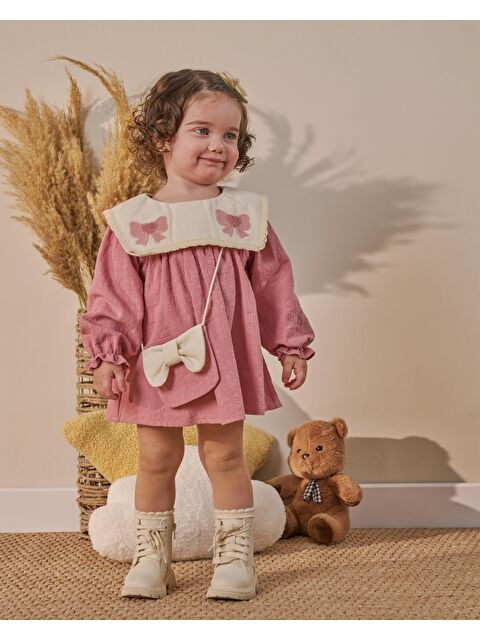 Magu Bebek Kız Gül Kurusu Yakalı Çantalı Elbise - S000497516-20024