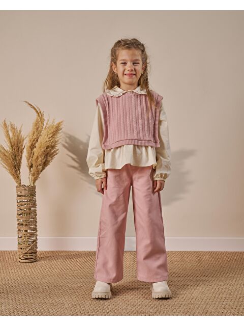 Magu Kız Çocuk Pudra Triko Yelek Gömlek Ve Pantolon Takım - S000497515-20024