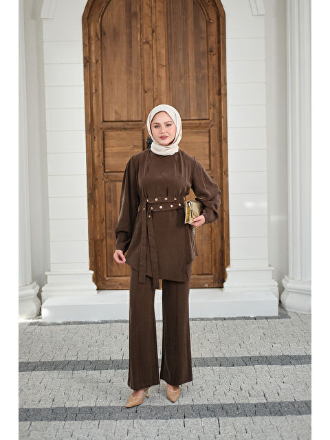 Locco Moda Kadın Gold Çıtçıt Kemerli Pantolonlu Takım Kahverengi