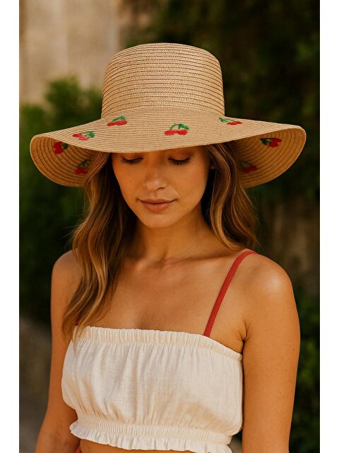 Luminos Butik Camel Kiraz Nakışlı Geniş Kenarlı Kadın Yazlık Şapka HSR2115 - S000510480-4557