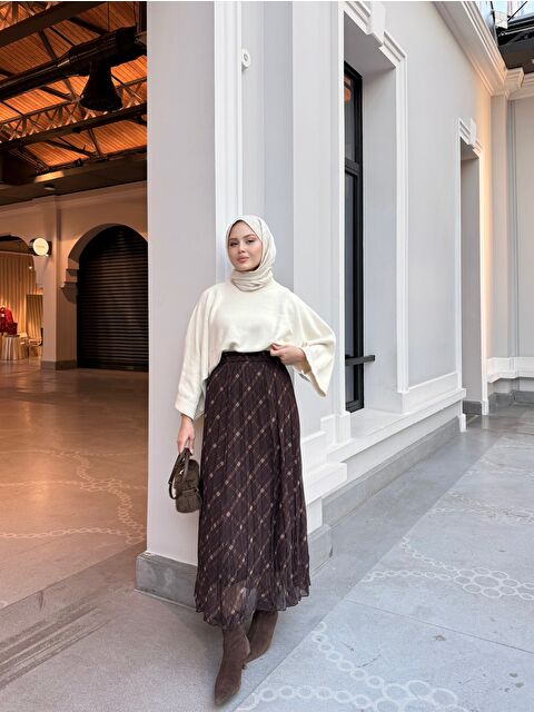 Locco Moda Kadın Ekose Desen Bel Lastik Detay Şifon Etek Kahverengi - S000500113-19413