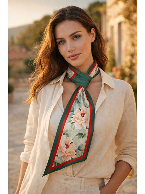 Luminos Butik Yeşil Çiçek Desenli Boyun Fuları FLR1022 YESIL - S000522572-29488