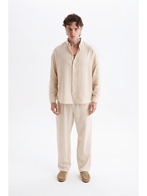 Danger Erkek %100 Pamuklu Keten Görünümlü Pantolon Gömlek Takım Bej - S000522360-19928