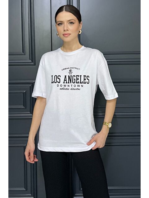 Gülseli Kadın Bisiklet Yaka Los Angeles Baskılı Salaş Tişört - S000373178-20063