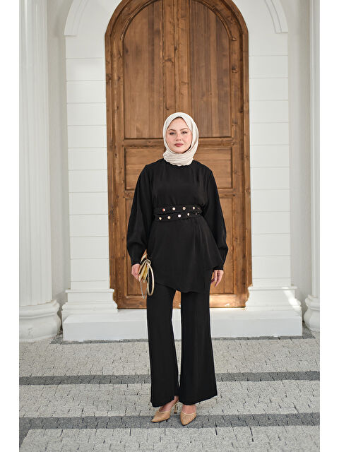 Locco Moda Kadın Gold Çıtçıt Kemerli Pantolonlu Takım Siyah