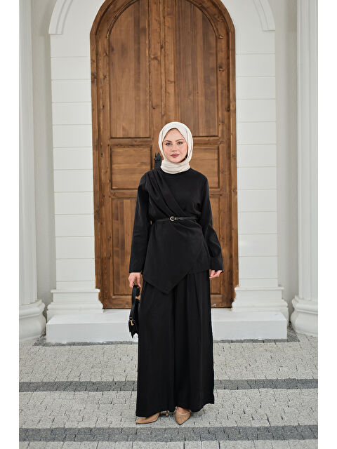 Locco Moda Kadın Yandan Dikişli Parça Detay Pantolonlu Takım Siyah