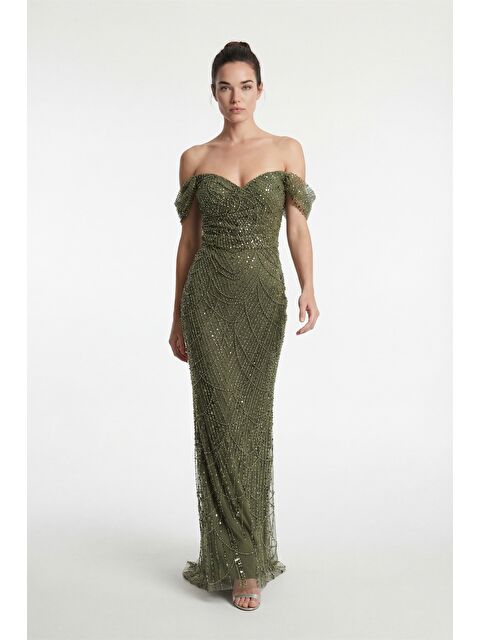 Lafaba Kadın Haki Dar Kalıp Madonna Yaka Uzun Balık Abiye Elbise - S000504598-18547