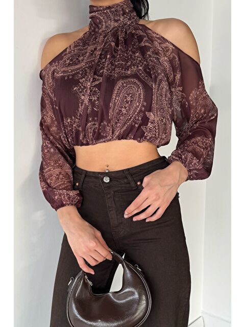 Gülseli İç Astarlı Omuz Dekolteli Kadın Crop Top Şifon Bluz - S000470105-19413
