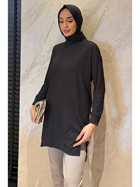 Julude Kadın Bisiklet Yaka Yırtmaç Detaylı Bürümcük Tesettür Tunik - S000374899-19351