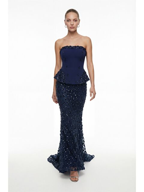 Lafaba Kadın Lacivert Dar Kalıp Straplez Yaka Payetli Uzun Abiye Elbise - S000508256-21164