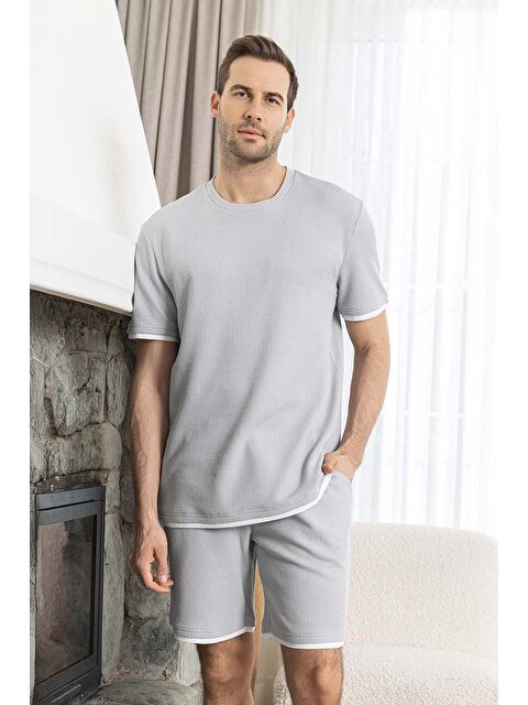 Remsa Erkek Kısa Kol Şort Biye Detay Waffle Kumaş Pijama Takımı 260103 Açık Gri