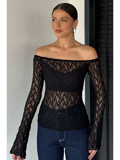 Gülseli Kadın Madonna Yaka İspanyol Kol Elastanlı Transparan Bluz - S000470106-19351