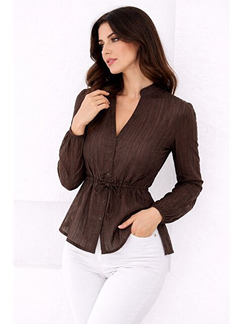 carla10 Hakim Yaka V Düğmeli Bluz Kahverengi