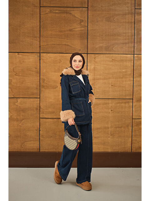 Locco Moda Kadın Kürk Detay Jean Takım Lacivert - S000486296-21164