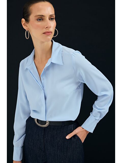 SATEEN Klasik Düz Gömlek - Mavi