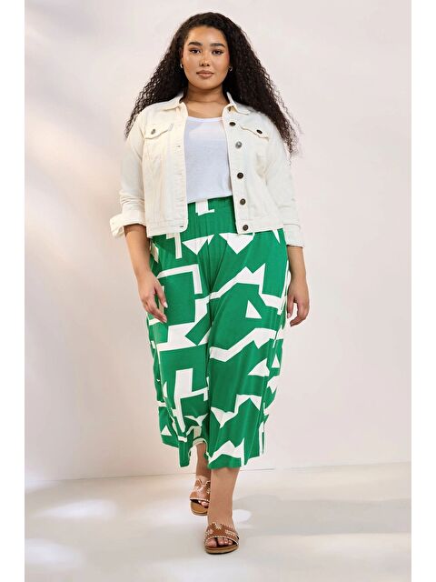 Stil Diva Büyük Beden Yüksek Bel Lastikli Cepli Bol Paça Kapri Pantolon 304118 - S000457789-18194