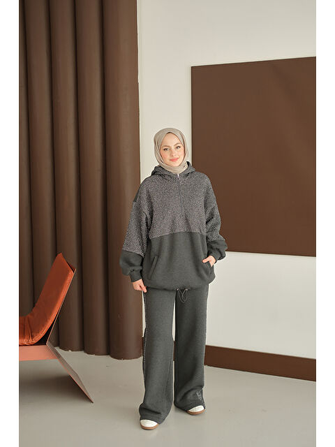 Locco Moda Kadın Sweatı Pullu Takım Füme - S000486297-33408