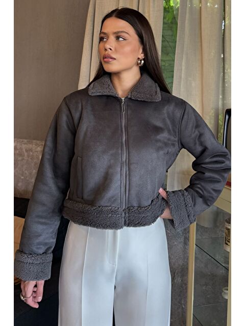 Gülseli İçi Pelüşlü Kadın Nubuk Mont - S000445244-33408