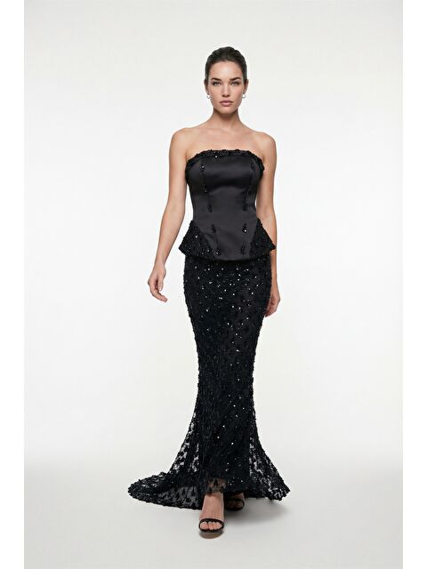 Lafaba Kadın Siyah Dar Kalıp Straplez Yaka Payetli Uzun Abiye Elbise - S000508256-19351