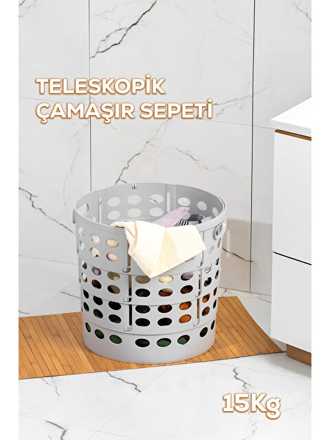 Porsima 25100-1 Teleskopik Sepet Çamaşır Sepeti Orta Boy Katlanır Çamaşır Sepeti Gri 15LT - S000404303-17308