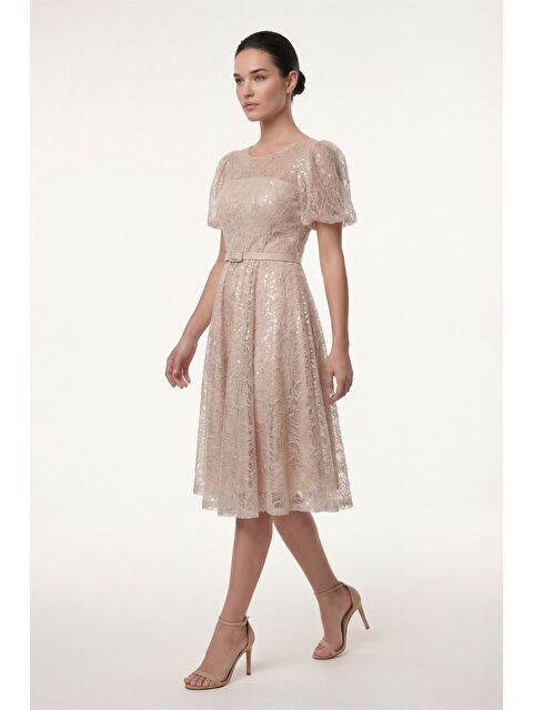 Lafaba Kadın Bej Balon Kol Kemerli Söz Nişan Nikah Abiye Elbise - S000508259-19928