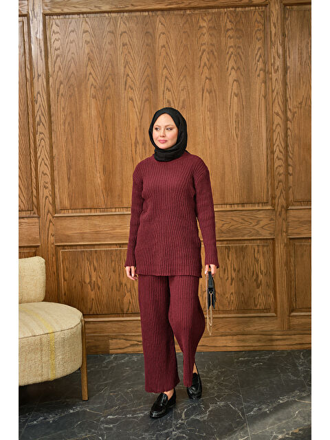 Locco Moda Kadın Bisiklet Yaka Triko Takım Bordo - S000474844-19951