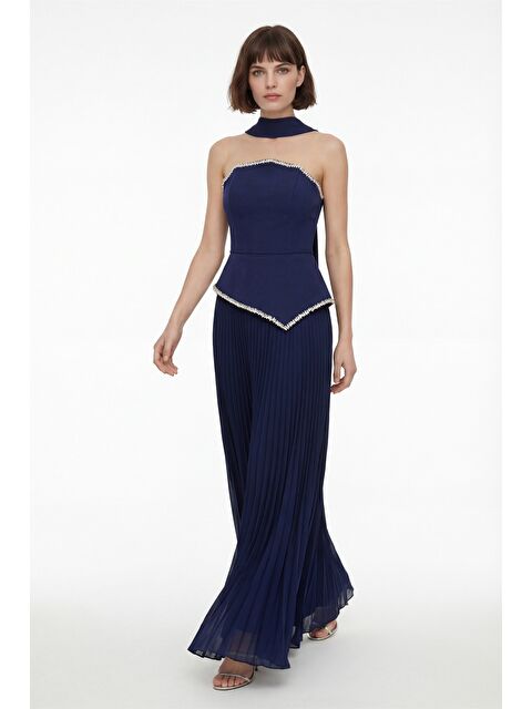 Lafaba Kadın Lacivert Dar Kalıp Şal Yaka Piliseli Uzun Abiye Elbise - S000508261-21164